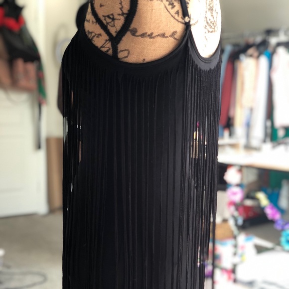 Peep Toe Black Fringe All Over Mini Dress - Picture 10 of 14